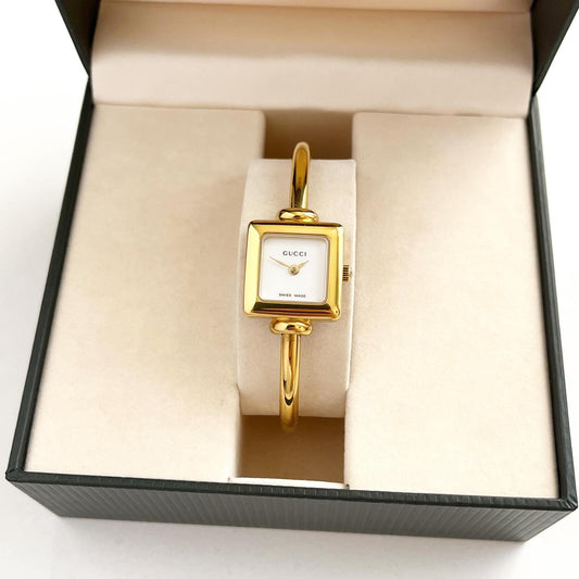 Vintage Gucci Womens Gold Watch, Square Bangle Watch, Boxed, 16.5 - 17cm