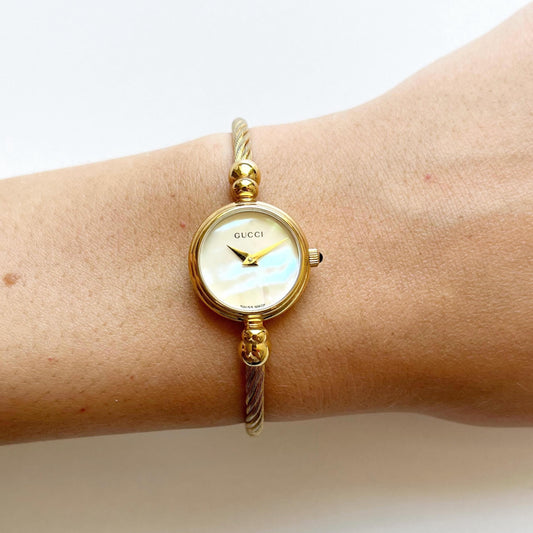 Gucci Vintage Womenâs Bangle Gold Watch, Mother of Pearl Dial, Gift for Her