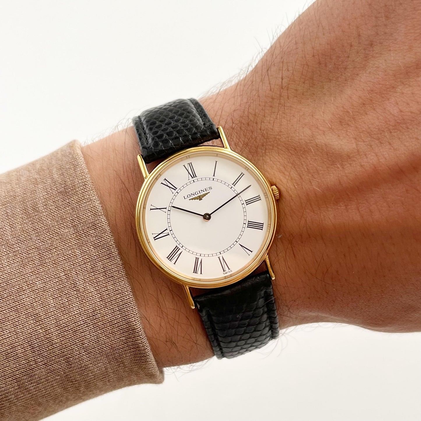 Longines Men’s Classic Watch, Authentic Leather Band, White Face, Quartz Movement