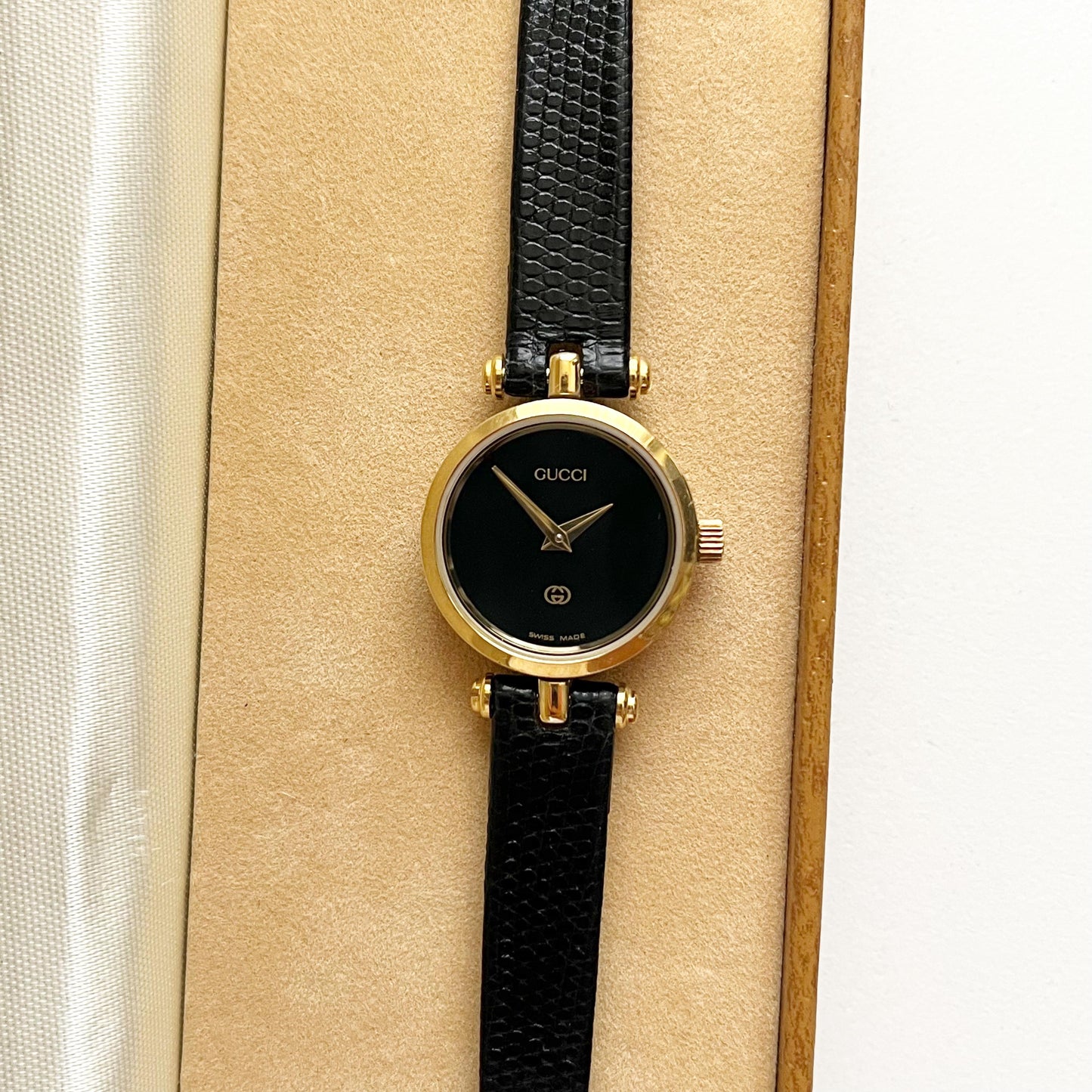 Gucci Vintage Women’s Gold Watch, Black Dial, Balck Band, Gift For Her, Boxed