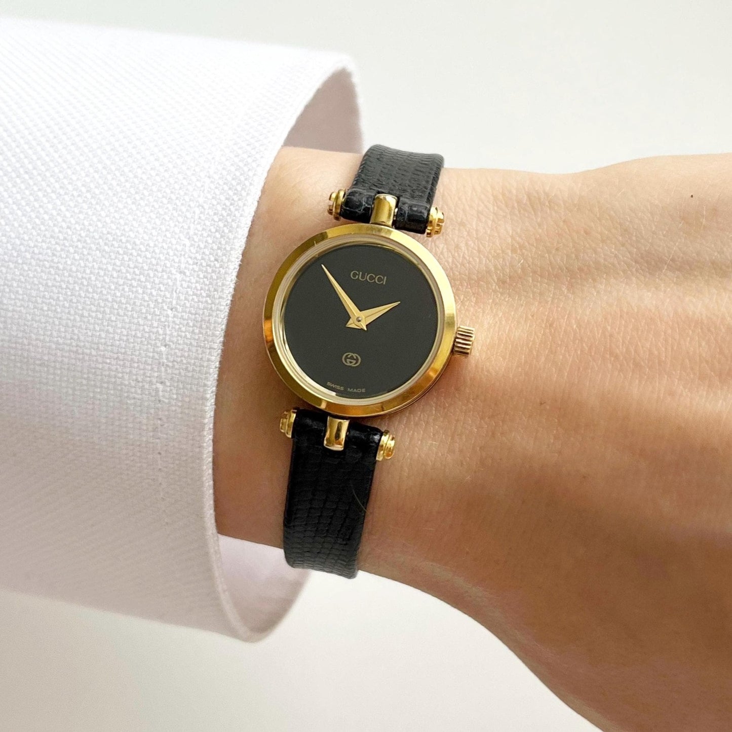 Gucci Vintage Women’s Gold Watch, Black Dial, Balck Band, Gift For Her, Boxed