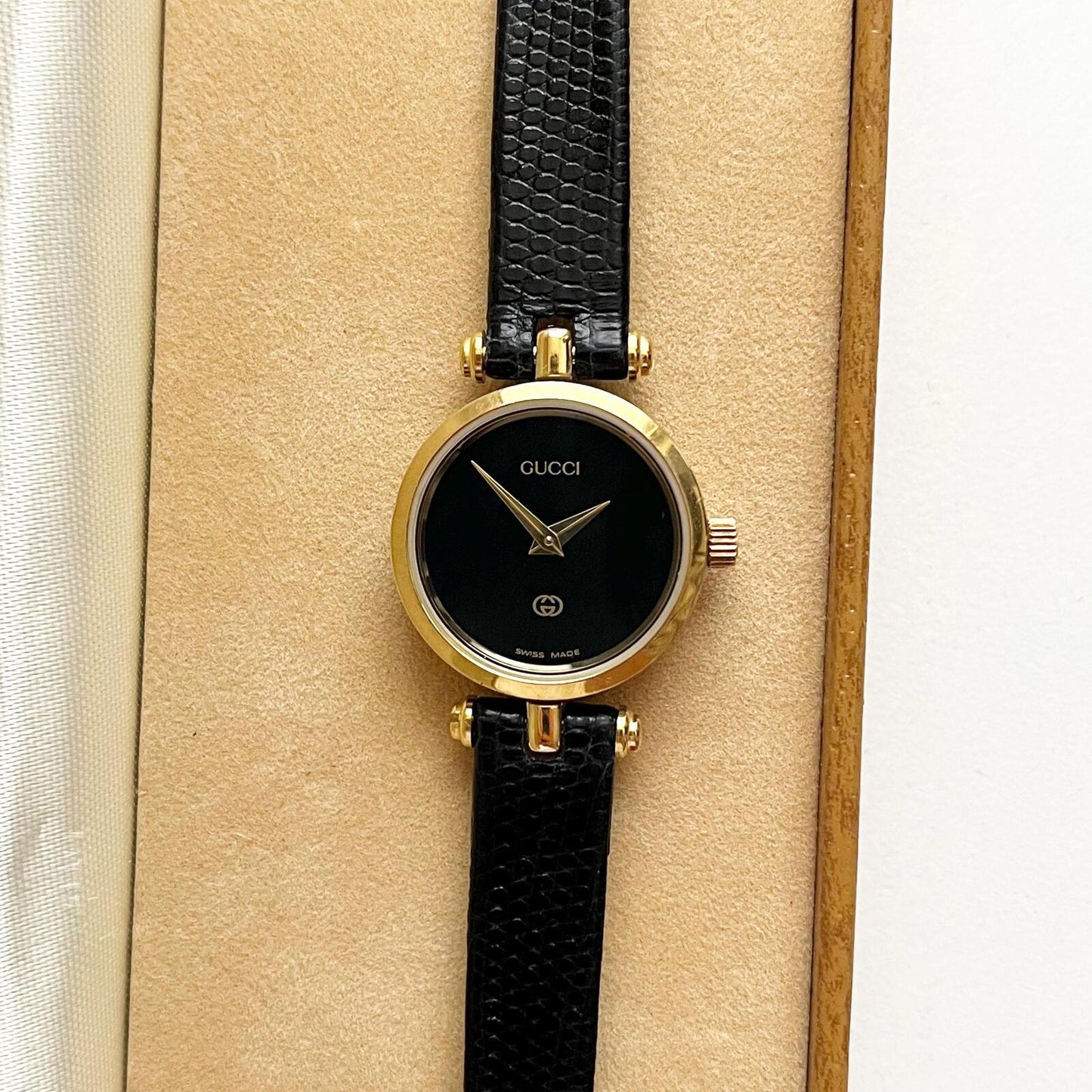 Gucci Vintage Women’s Gold Watch, Black Dial, Balck Band, Gift For Her, Boxed