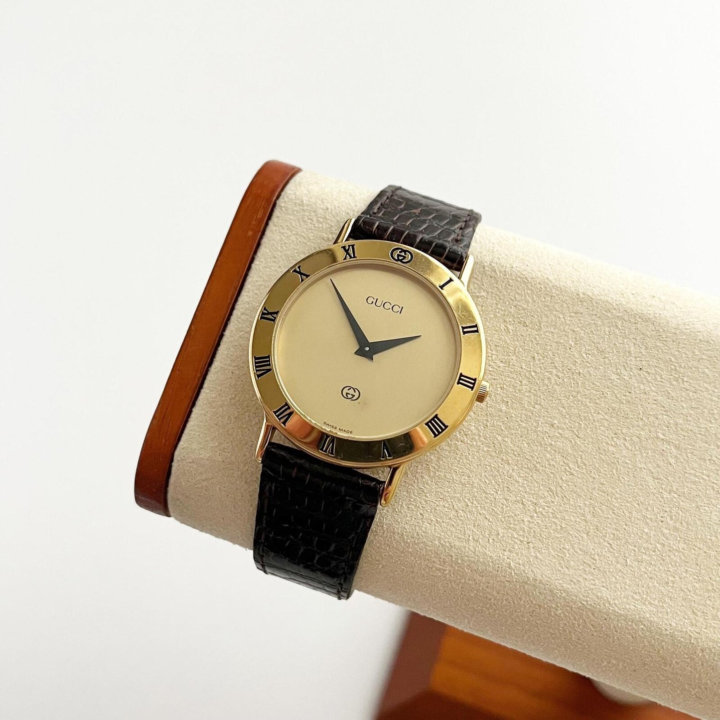 Vintage Gucci Women’s Watch, Gold Dial, Leather Band, Boxed, Gift for Her