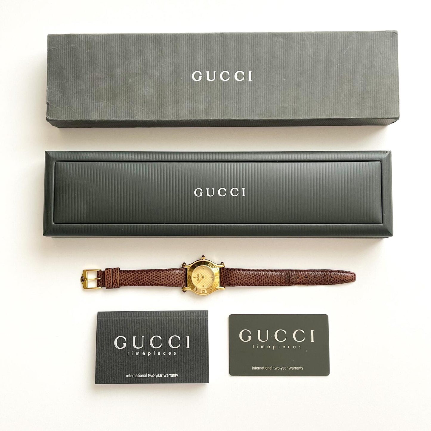 Vintage Gucci Gold Watch, Brown Band, Boxed, Gift for Her, Full Set