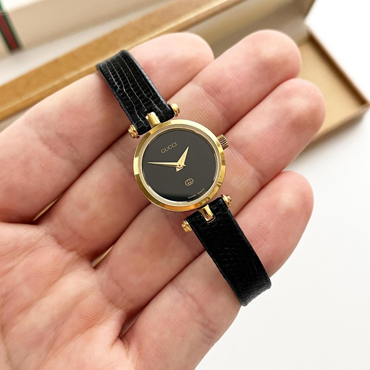 Gucci Vintage Women’s Gold Watch, Black Dial, Balck Band, Gift For Her, Boxed