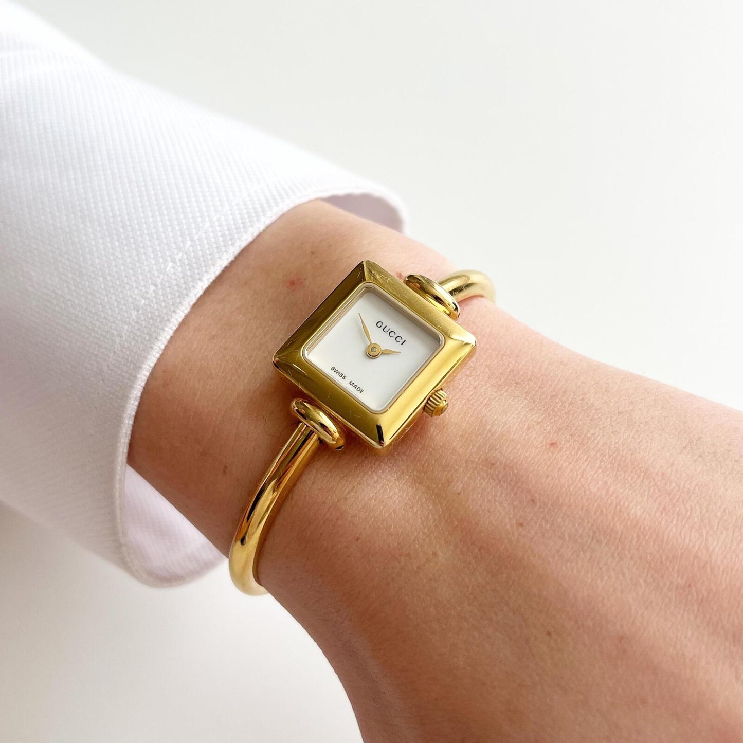 Vintage Gucci Womens Gold Watch, Square Bangle Watch, Boxed, 16.5 - 17cm