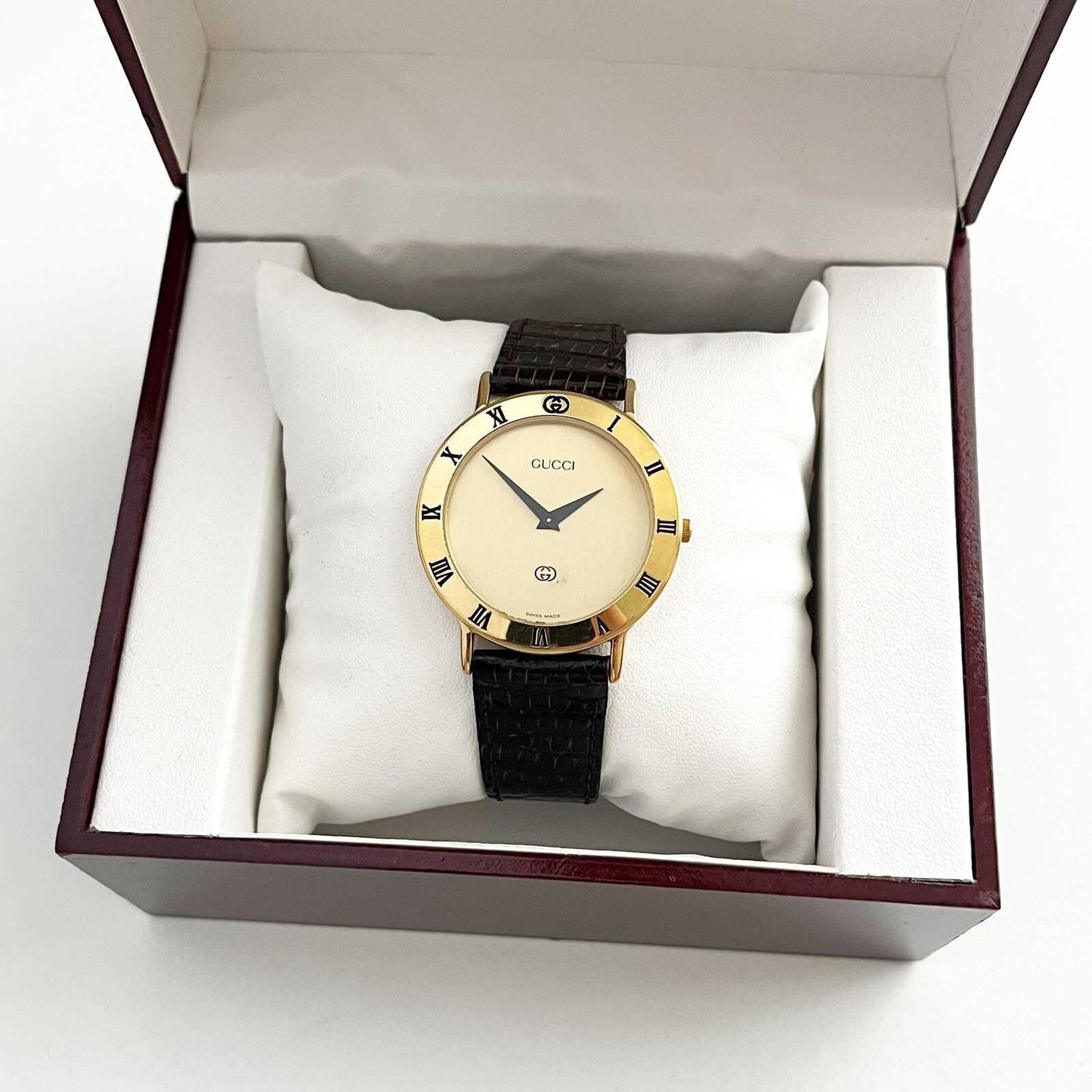 Vintage Gucci Women’s Watch, Gold Dial, Leather Band, Boxed, Gift for Her