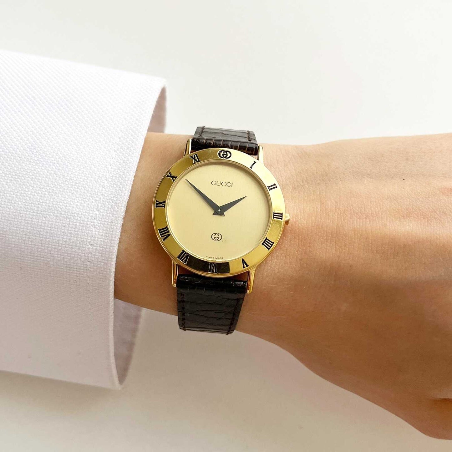 Vintage Gucci Women’s Watch, Gold Dial, Leather Band, Boxed, Gift for Her