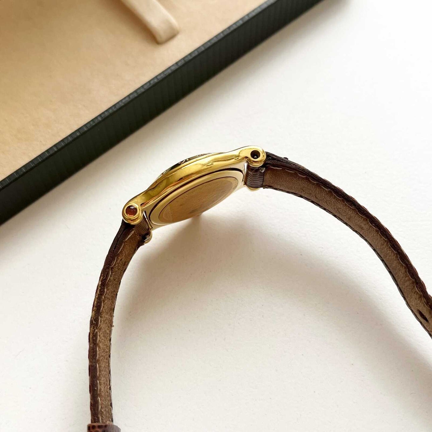 Vintage Gucci Gold Watch, Brown Band, Boxed, Gift for Her, Full Set