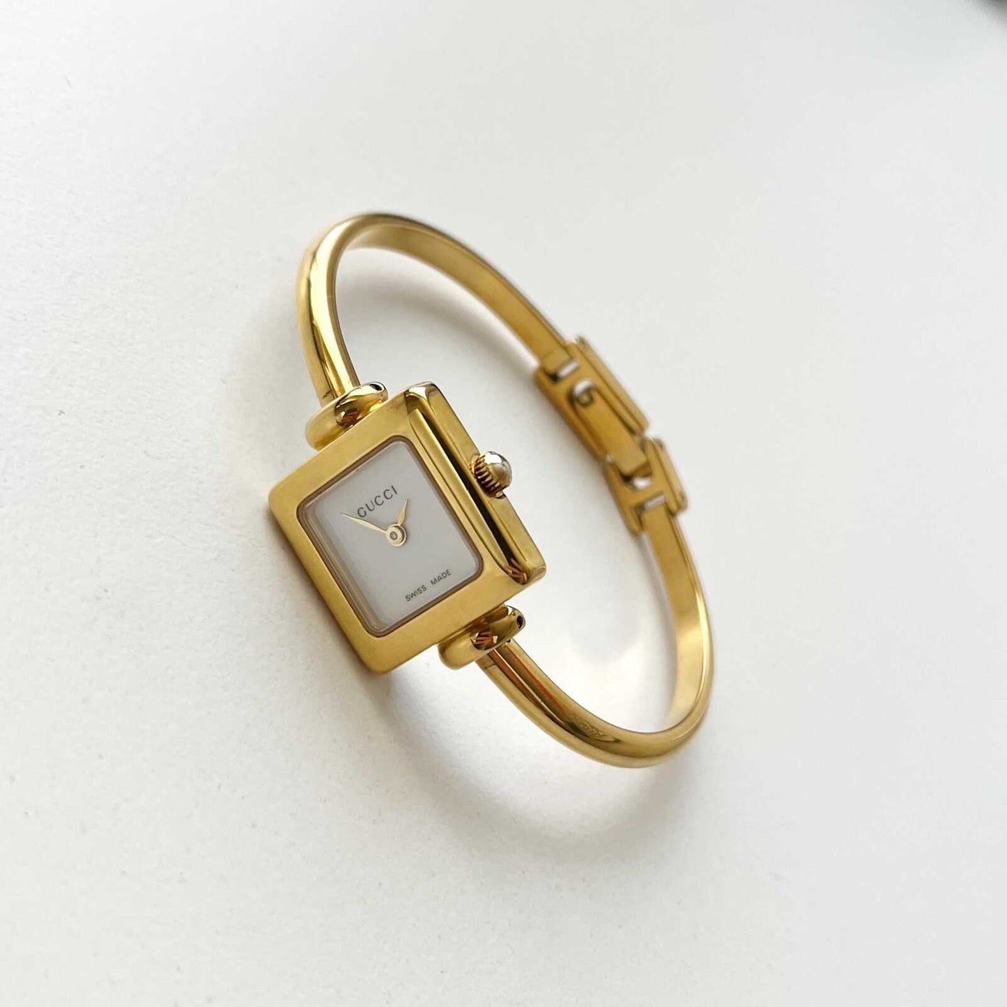Vintage Gucci Womens Gold Watch, Square Bangle Watch, Boxed, 16.5 - 17cm