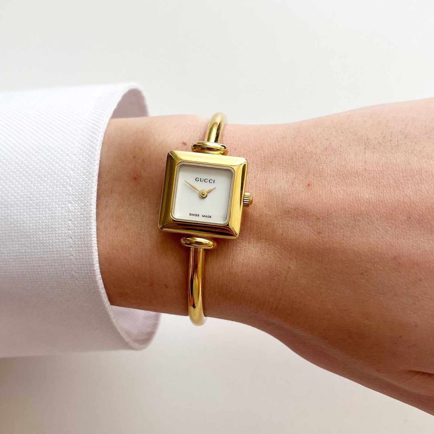 Vintage Gucci Womens Gold Watch, Square Bangle Watch, Boxed, 16.5 - 17cm