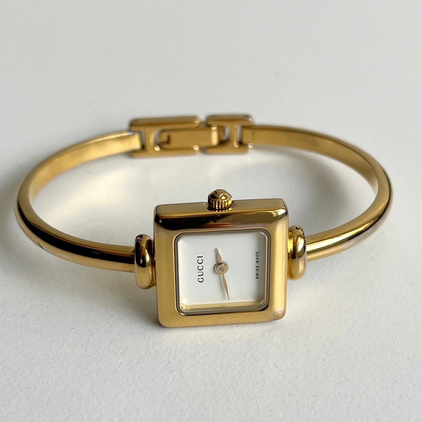 1990s Gucci Gold-Plated White Dial Square Watch