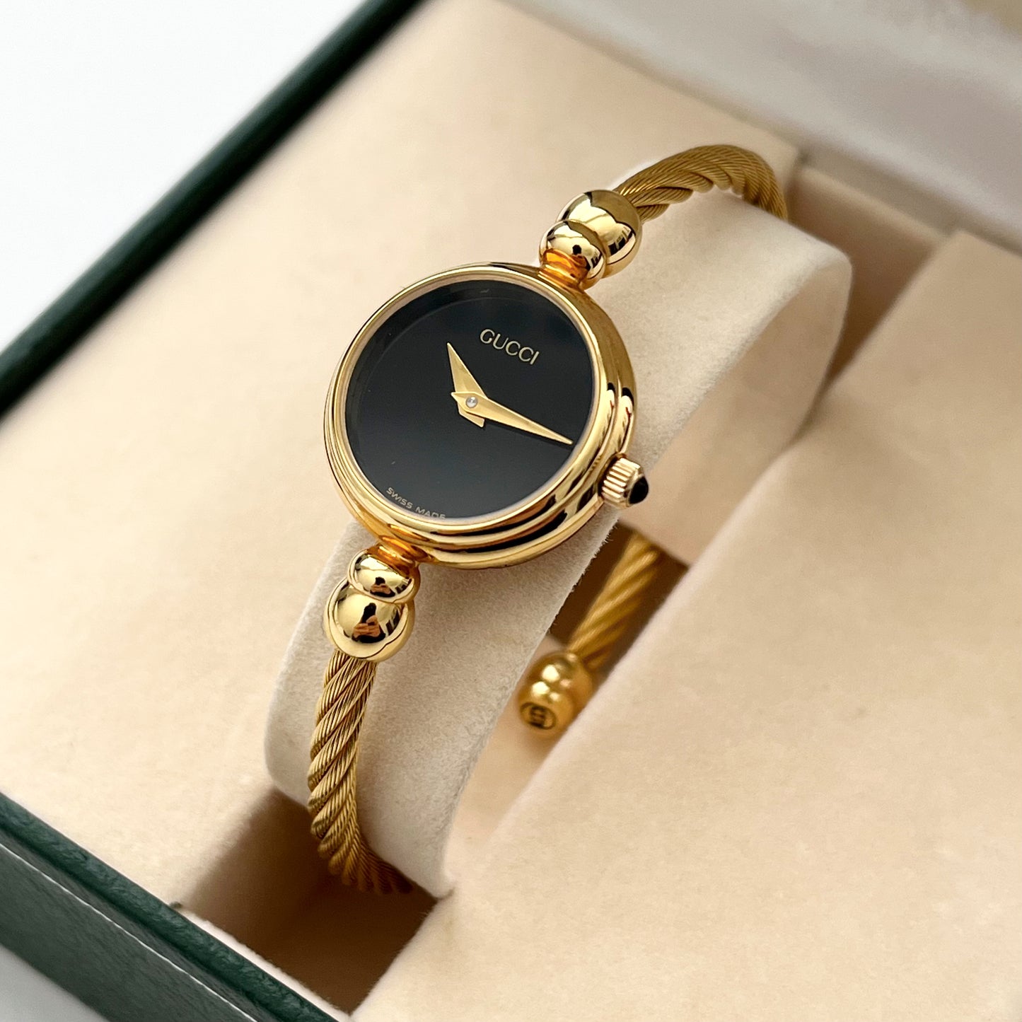 Gucci Black Dial Gold-Plated Round Watch From The 90s