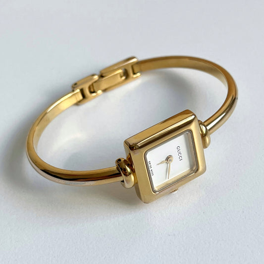 1990s Gucci Gold-Plated White Dial Square Watch