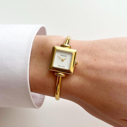Vintage Gucci Womens Gold Watch, Square Bangle Watch, Boxed, 16.5 - 17cm