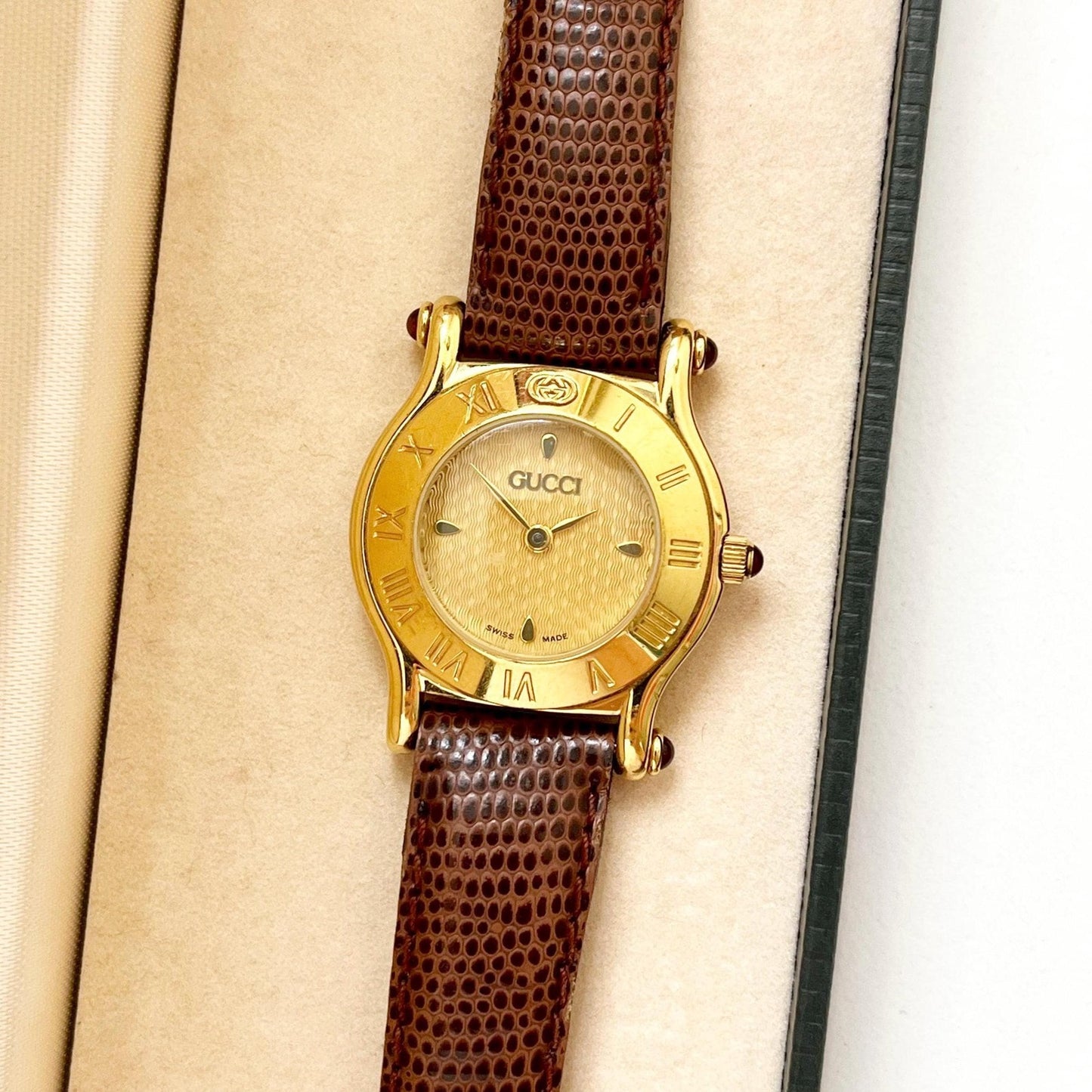 Vintage Gucci Gold Watch, Brown Band, Boxed, Gift for Her, Full Set