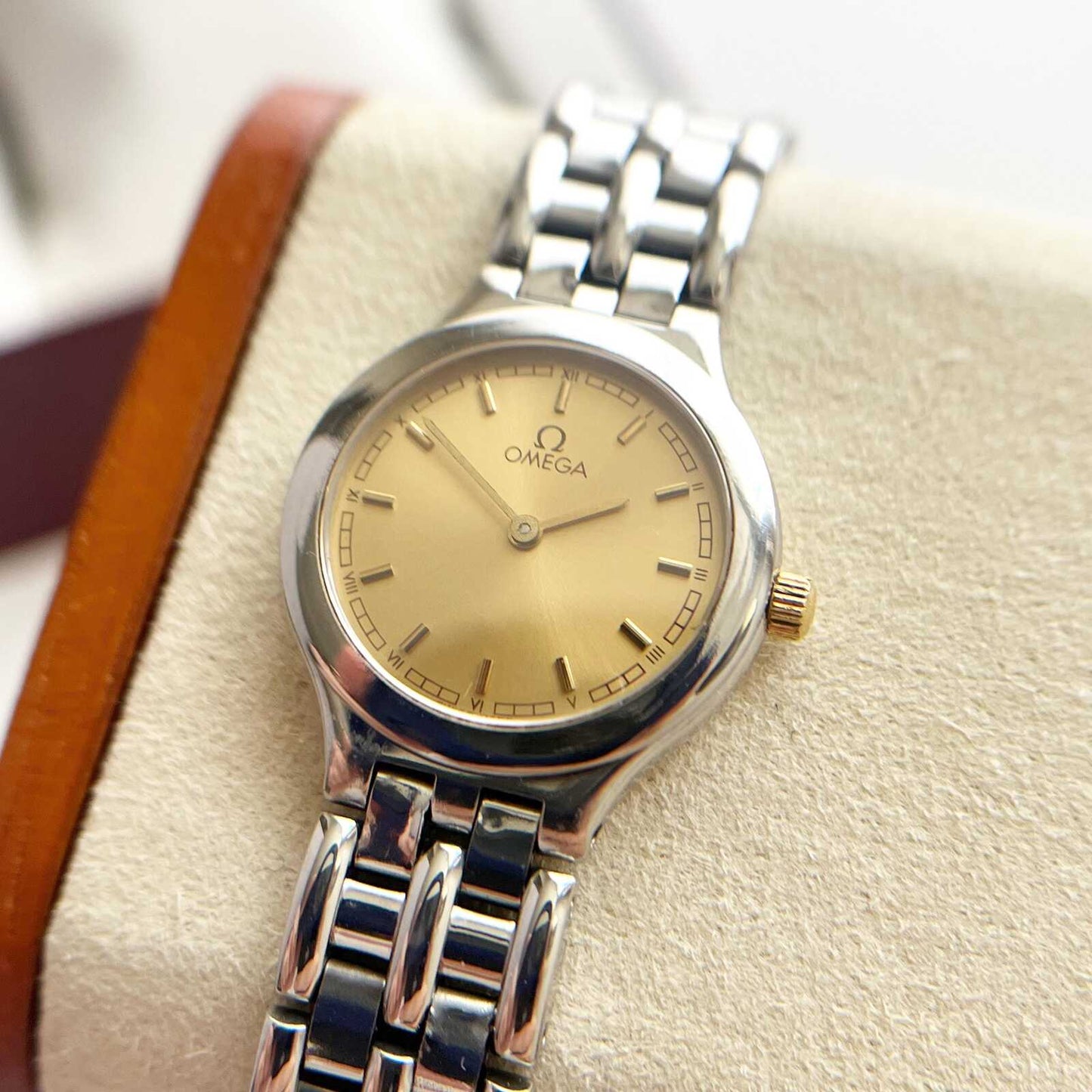 Omega Silver Women’s Vintage Watch, Gold Dial, Boxed, Gift For Her - 18cm