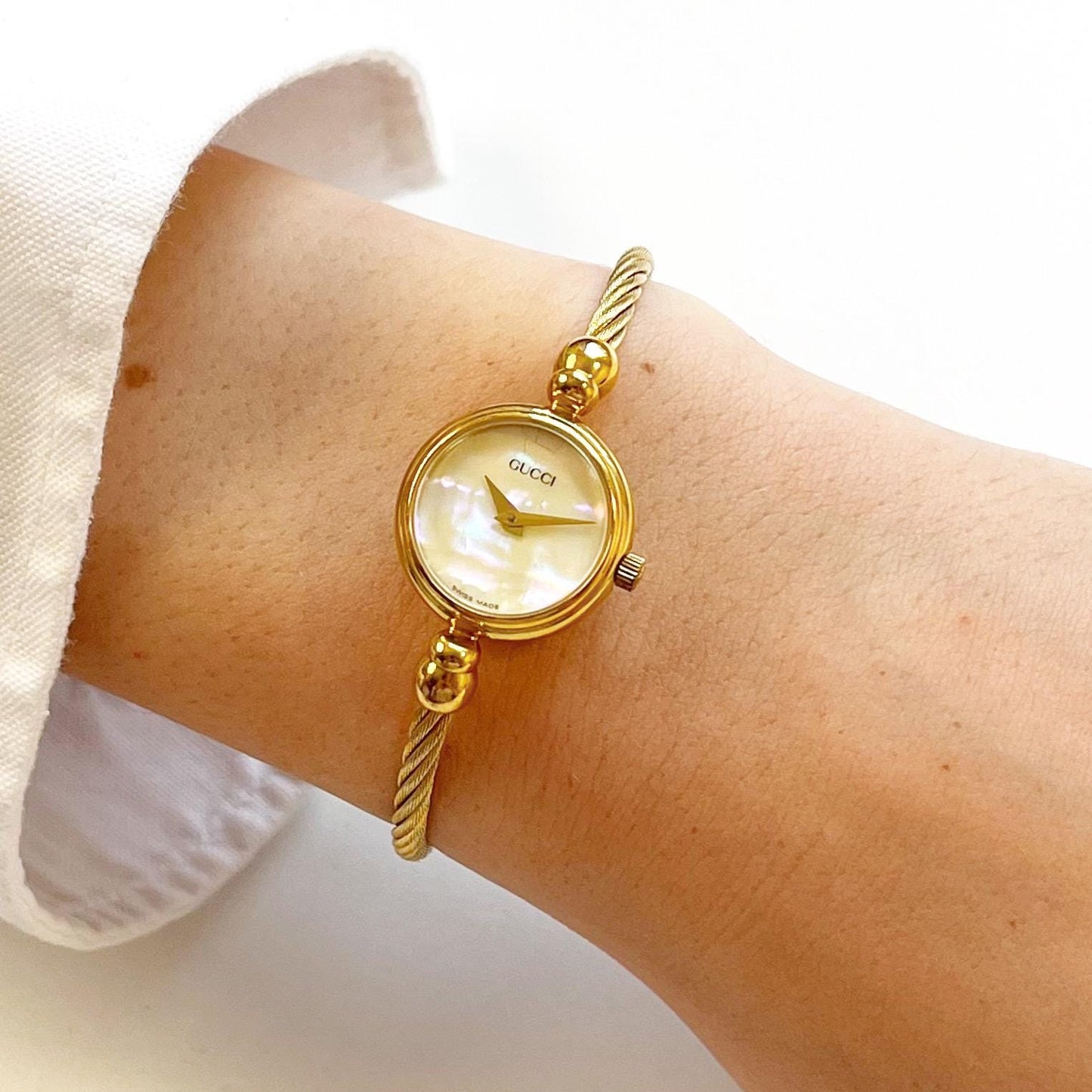 Gucci Vintage Women’s Bangle Gold Watch, Mother of Pearl Dial, Gift for Her