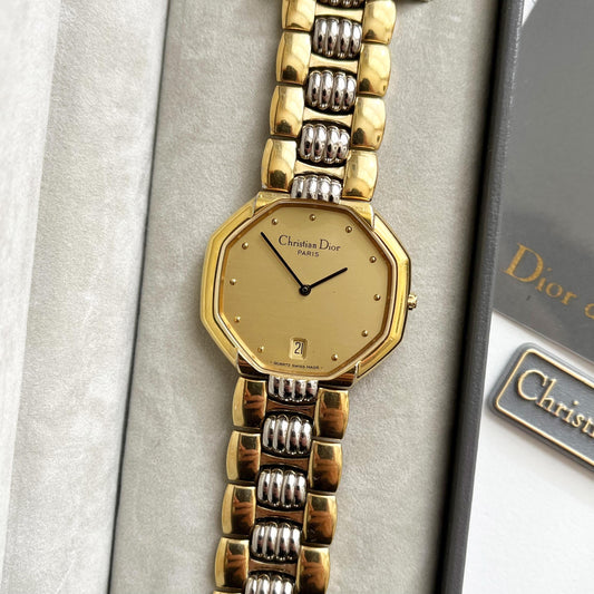 Christian Dior Vintage Womens TwoTone Watch, Gold Dial Watch, Gift for Her - 18.5cm