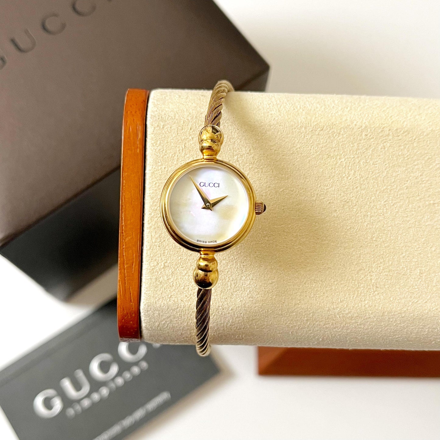 Gucci Vintage Women’s Bangle Gold Watch, Mother of Pearl Dial, Gift for Her