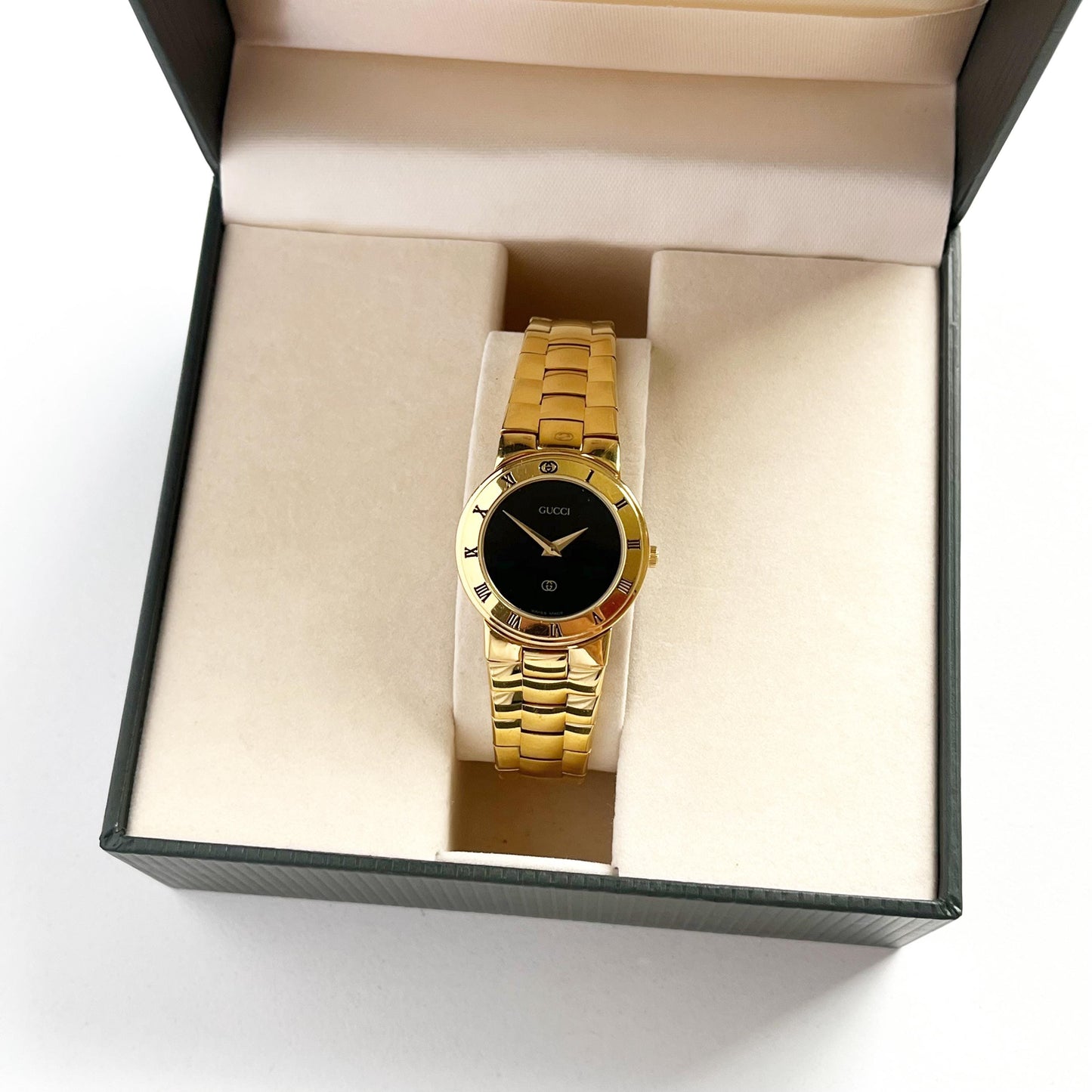 Gucci Gold Vintage Women’s Watch, Black Dial, Boxed, Gift for Her, 17cm