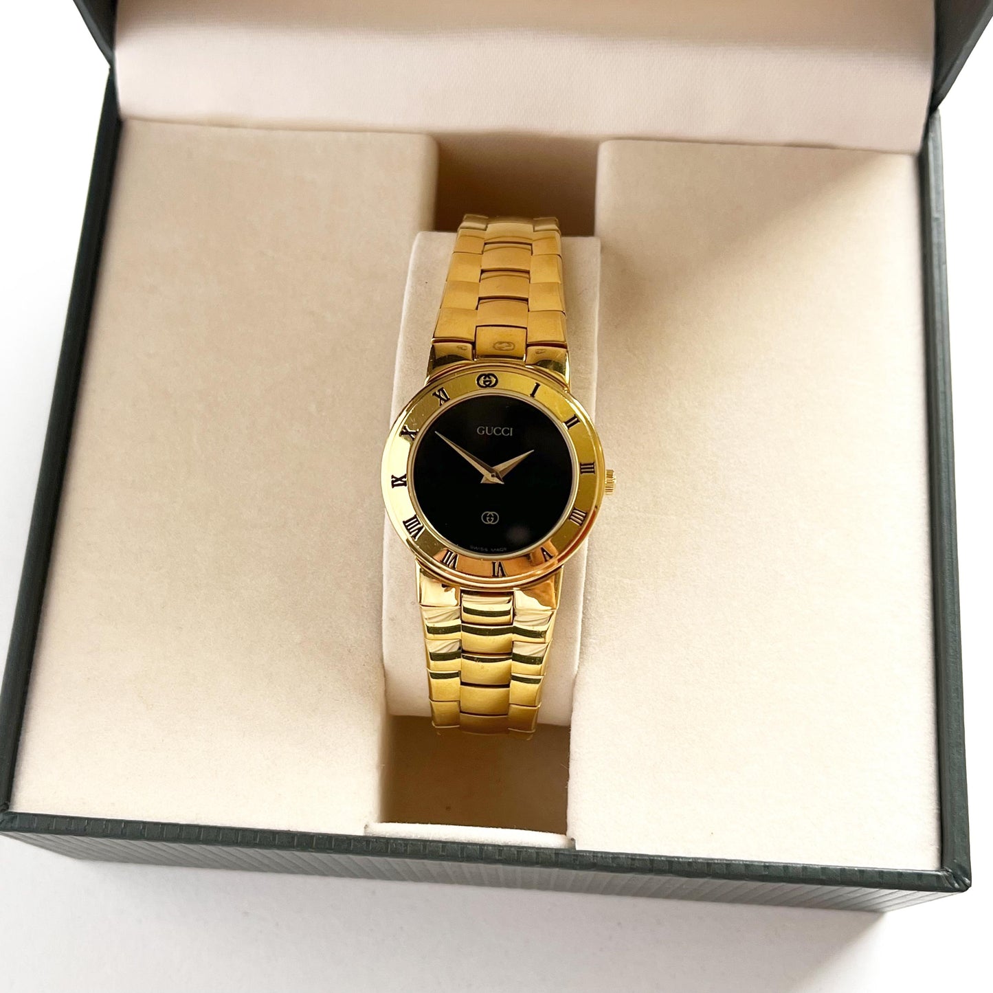 Gucci Gold Vintage Women’s Watch, Black Dial, Boxed, Gift for Her, 17cm