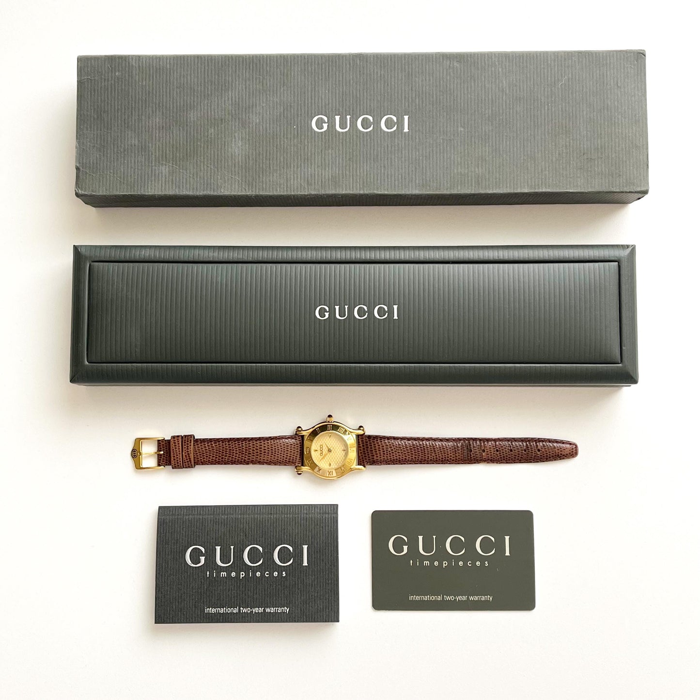 Vintage Gucci Gold Watch, Brown Band, Boxed, Gift for Her, Full Set