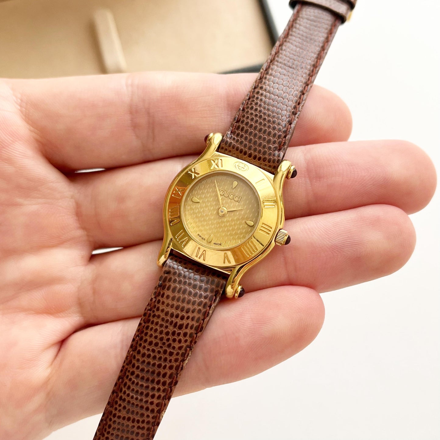 Vintage Gucci Gold Watch, Brown Band, Boxed, Gift for Her, Full Set