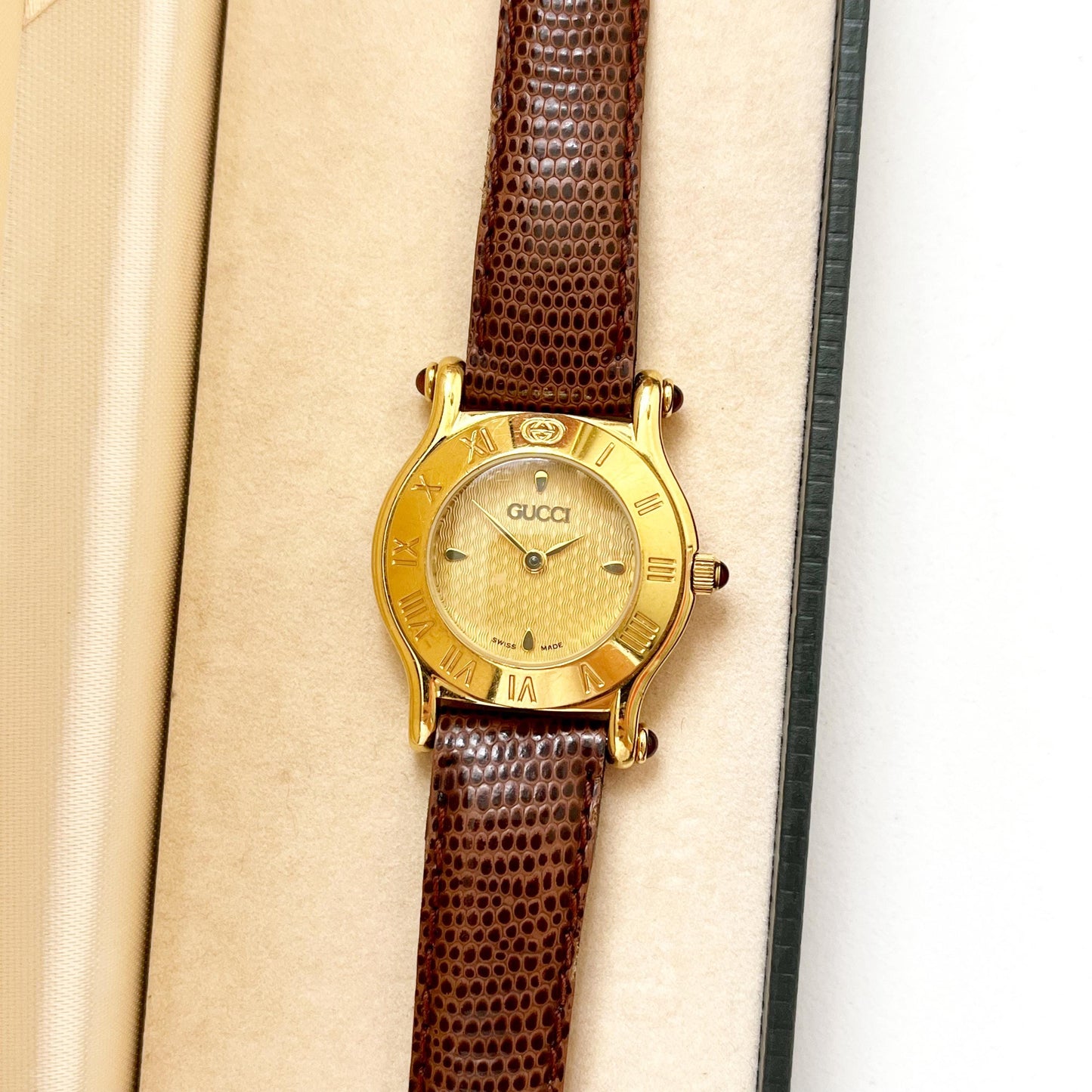 Vintage Gucci Gold Watch, Brown Band, Boxed, Gift for Her, Full Set