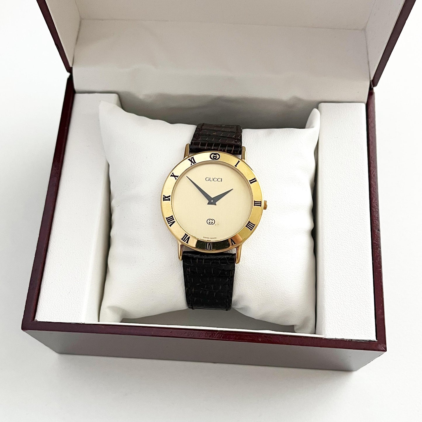 Vintage Gucci Women’s Watch, Gold Dial, Leather Band, Boxed, Gift for Her