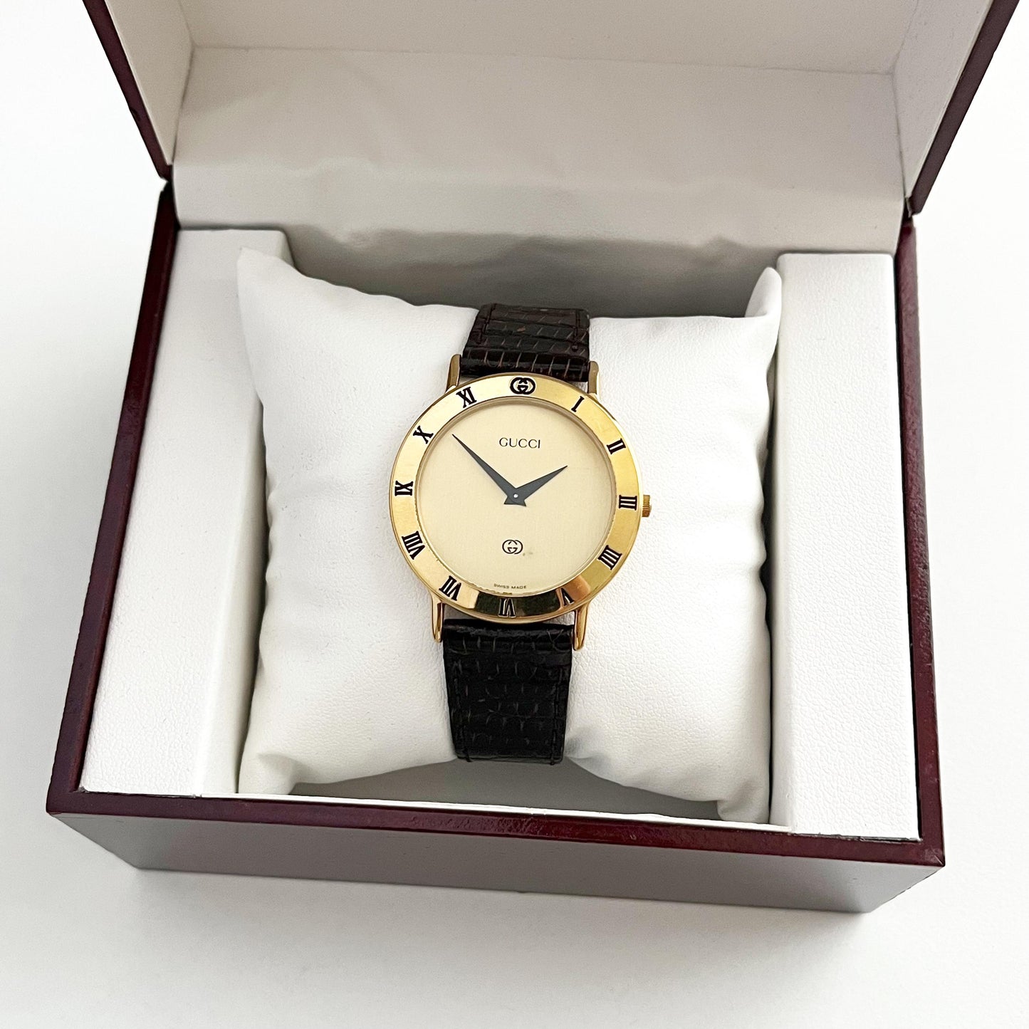 Vintage Gucci Women’s Watch, Gold Dial, Leather Band, Boxed, Gift for Her