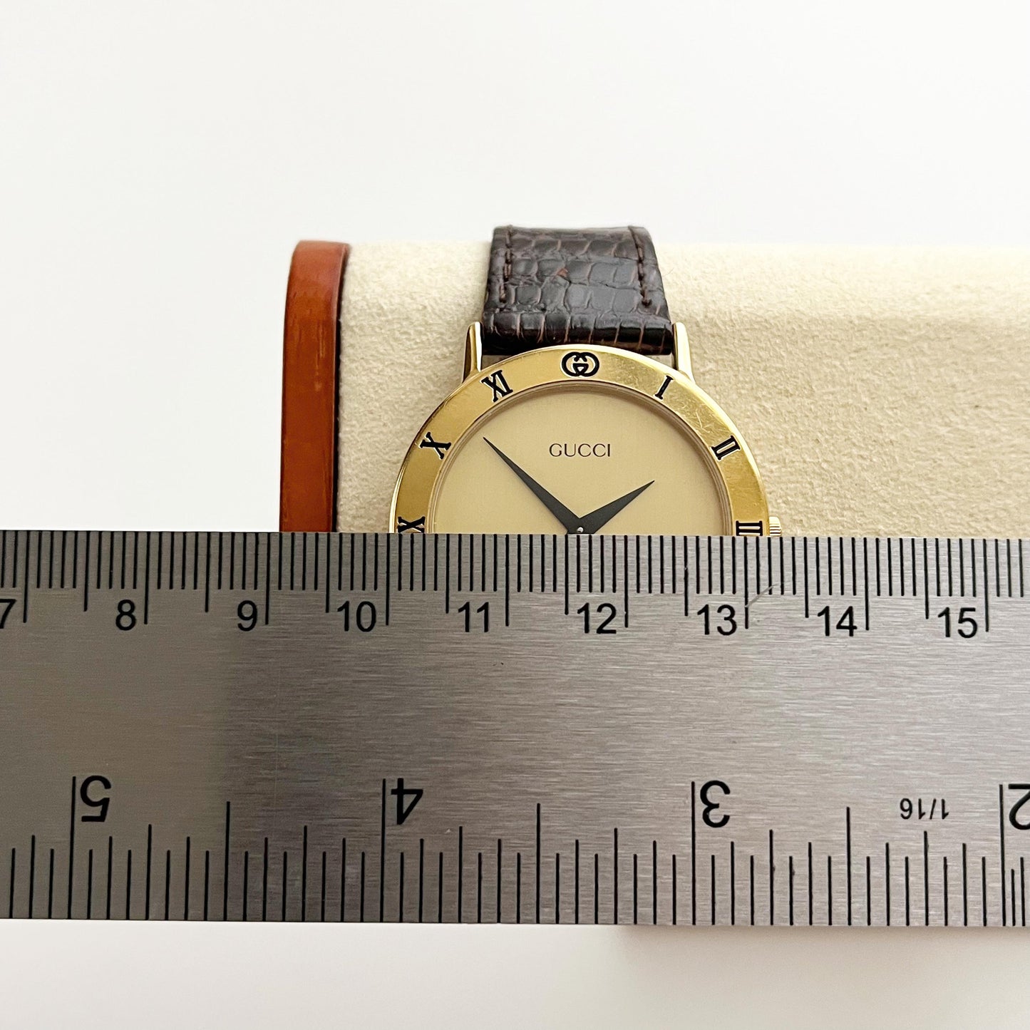Vintage Gucci Women’s Watch, Gold Dial, Leather Band, Boxed, Gift for Her