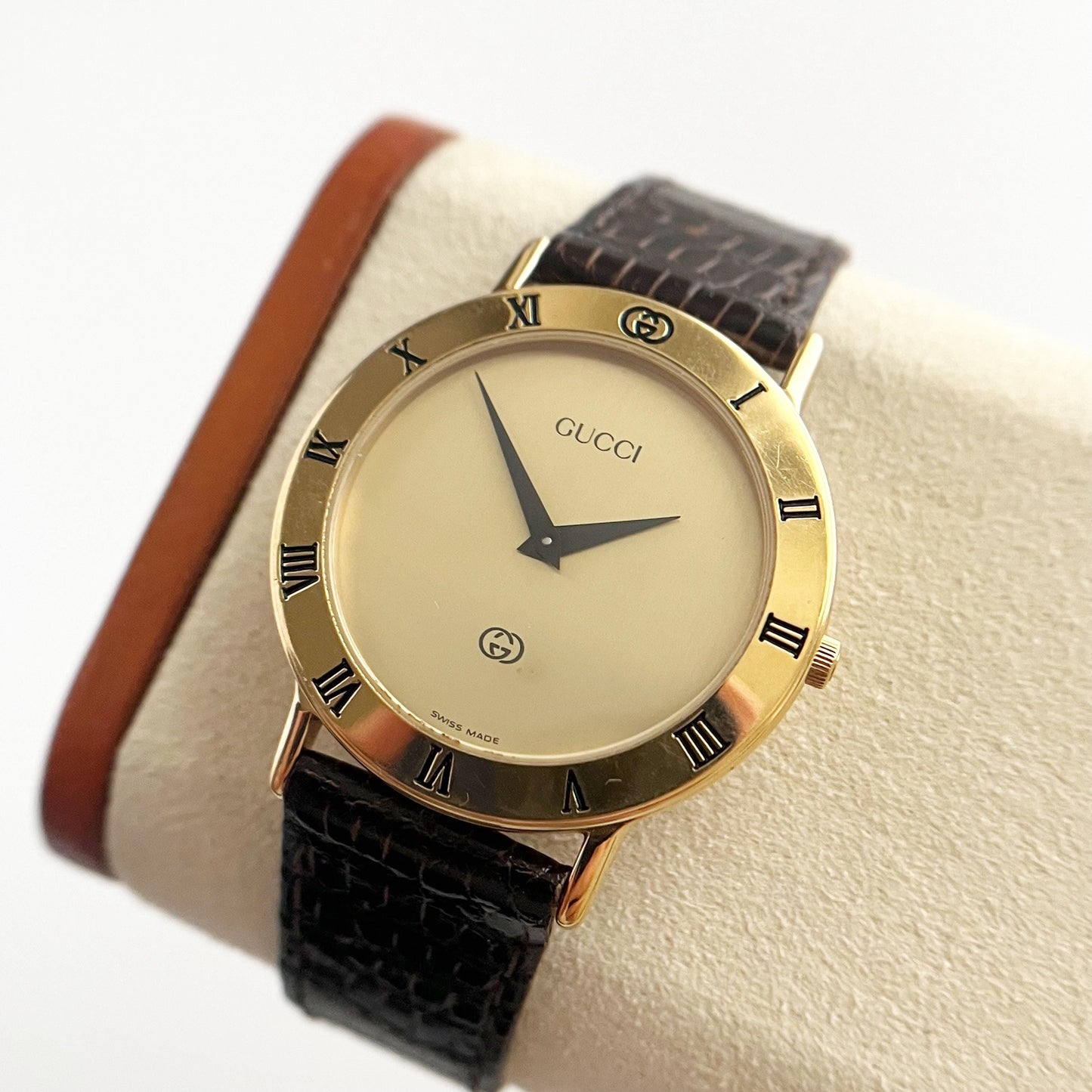 Vintage Gucci Women’s Watch, Gold Dial, Leather Band, Boxed, Gift for Her
