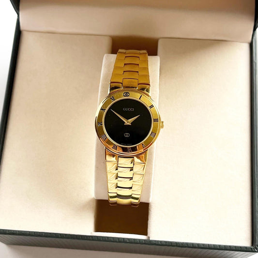 Gucci Gold Vintage Women’s Watch, Black Dial, Boxed, Gift for Her, 17cm