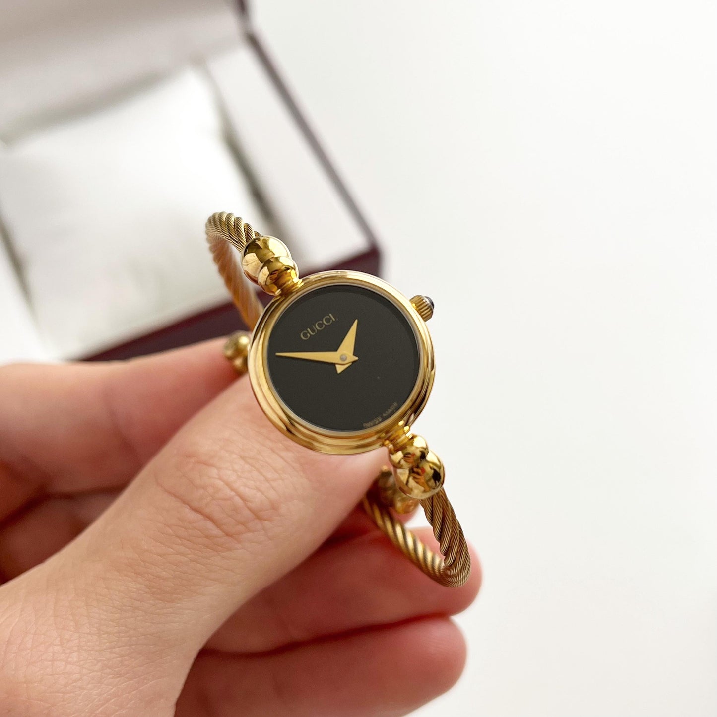 Gucci Women’s Vintage Watch, Black Dial, Bangle Gold Watch, Gift for Her