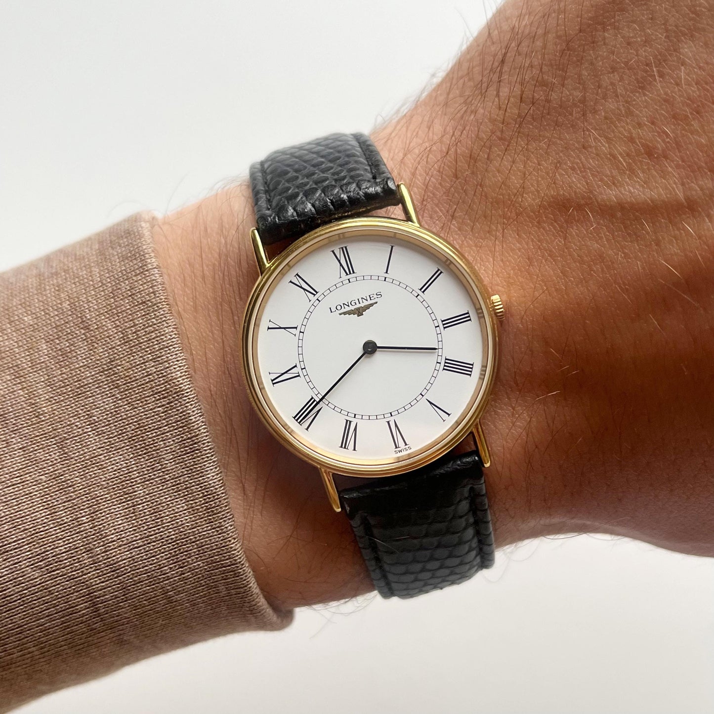 Longines Men’s Classic Watch, Authentic Leather Band, White Face, Quartz Movement