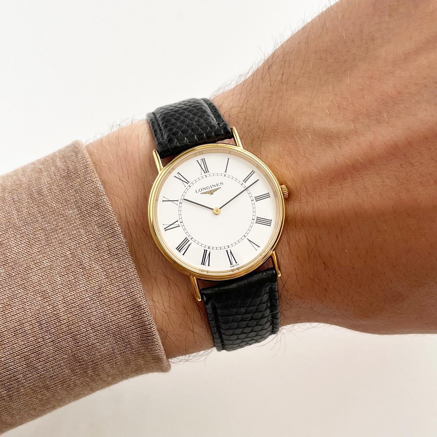 Longines Men’s Classic Watch, Authentic Leather Band, White Face, Quartz Movement