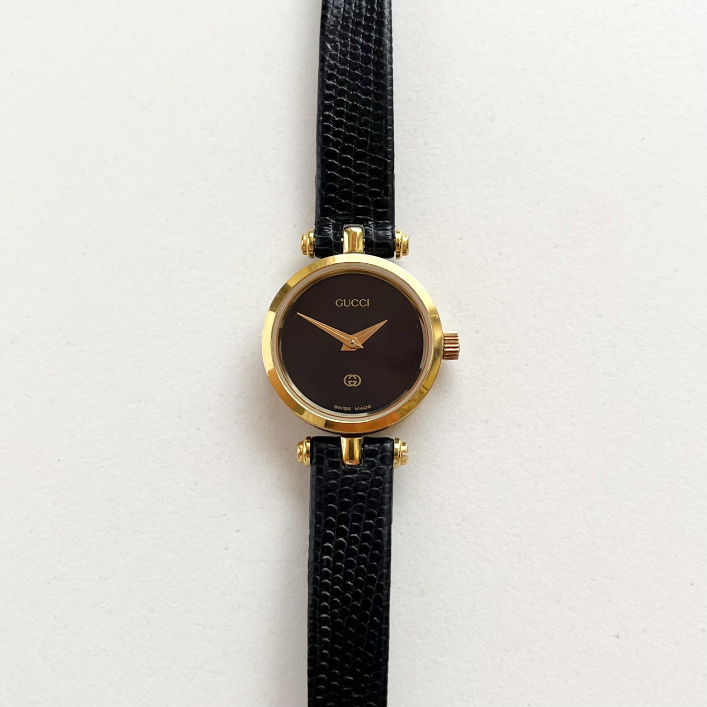 Gucci Vintage Women’s Gold Watch, Black Dial, Balck Band, Gift For Her, Boxed
