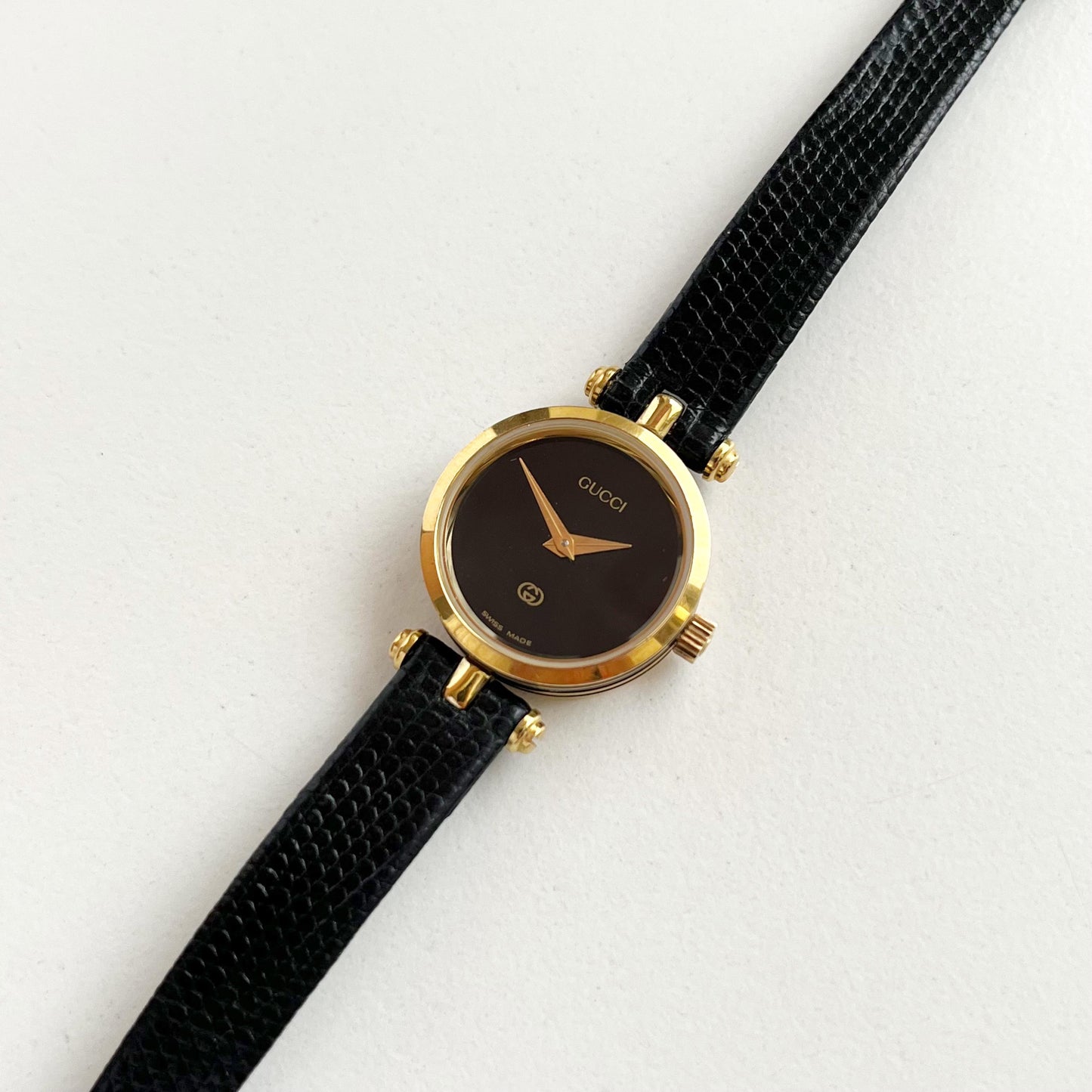 Gucci Vintage Women’s Gold Watch, Black Dial, Balck Band, Gift For Her, Boxed