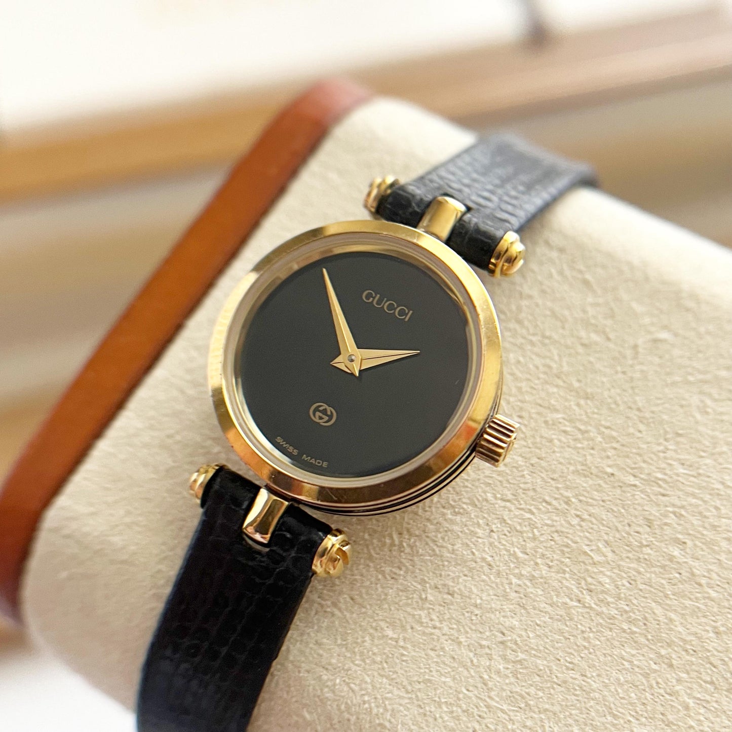 Gucci Vintage Women’s Gold Watch, Black Dial, Balck Band, Gift For Her, Boxed