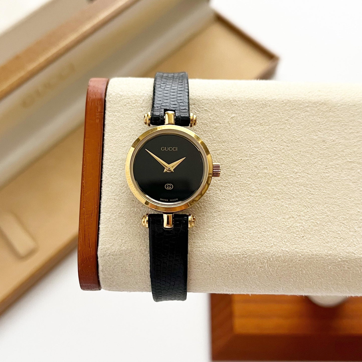 Gucci Vintage Women’s Gold Watch, Black Dial, Balck Band, Gift For Her, Boxed