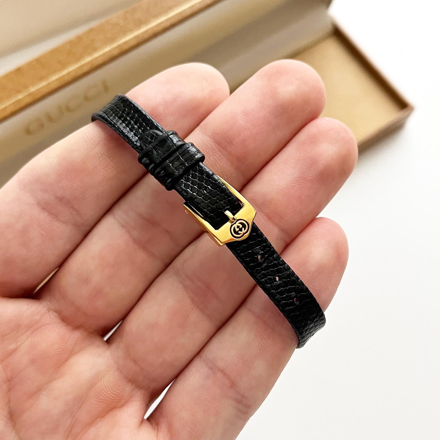 Gucci Vintage Women’s Gold Watch, Black Dial, Balck Band, Gift For Her, Boxed