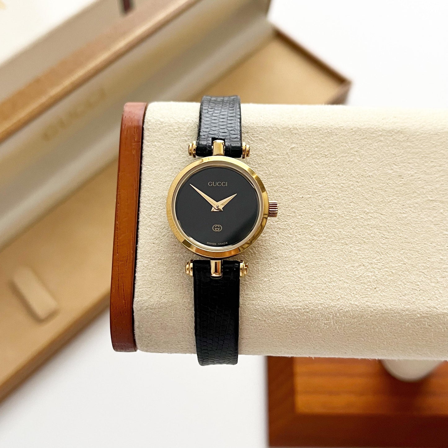 Gucci Vintage Women’s Gold Watch, Black Dial, Balck Band, Gift For Her, Boxed
