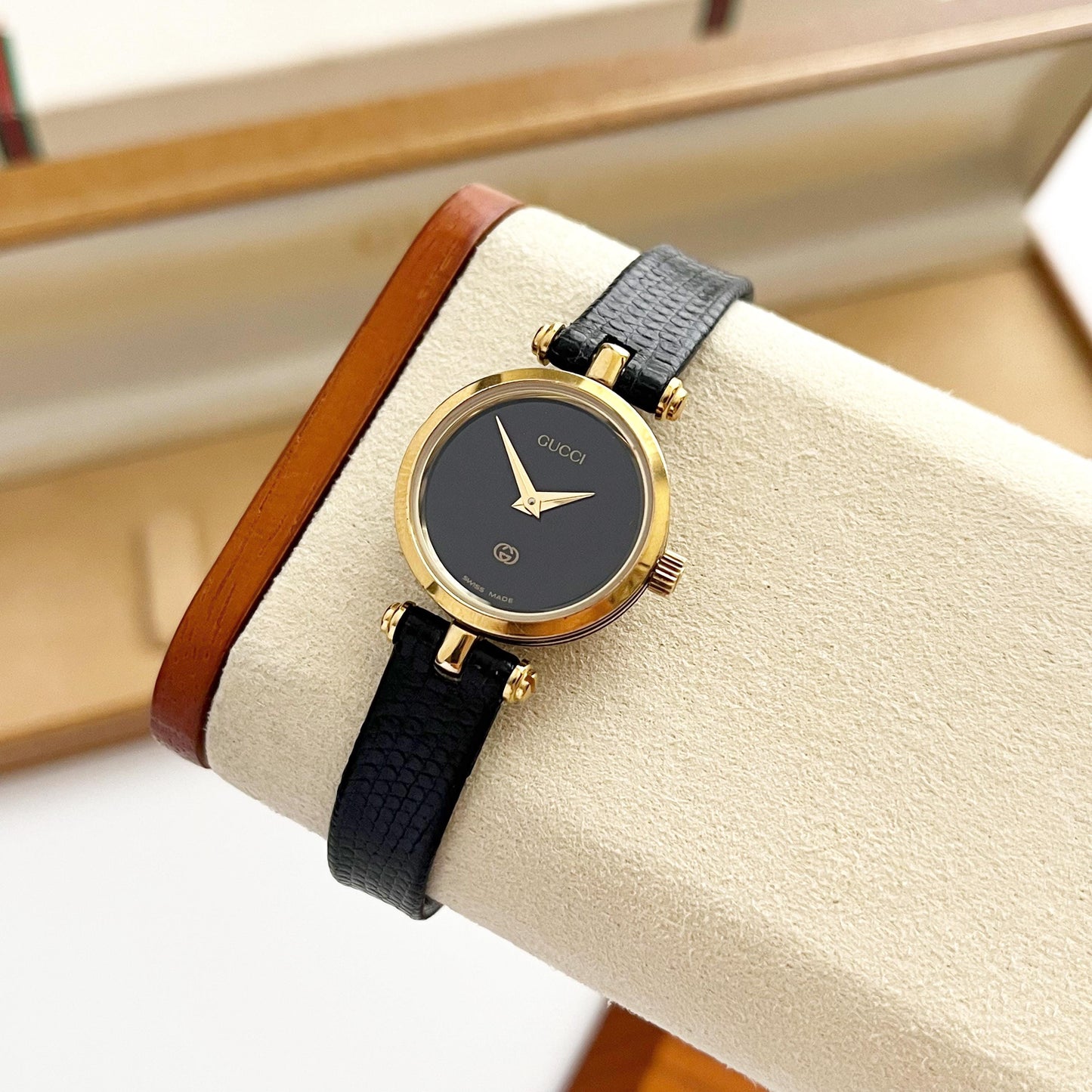 Gucci Vintage Women’s Gold Watch, Black Dial, Balck Band, Gift For Her, Boxed
