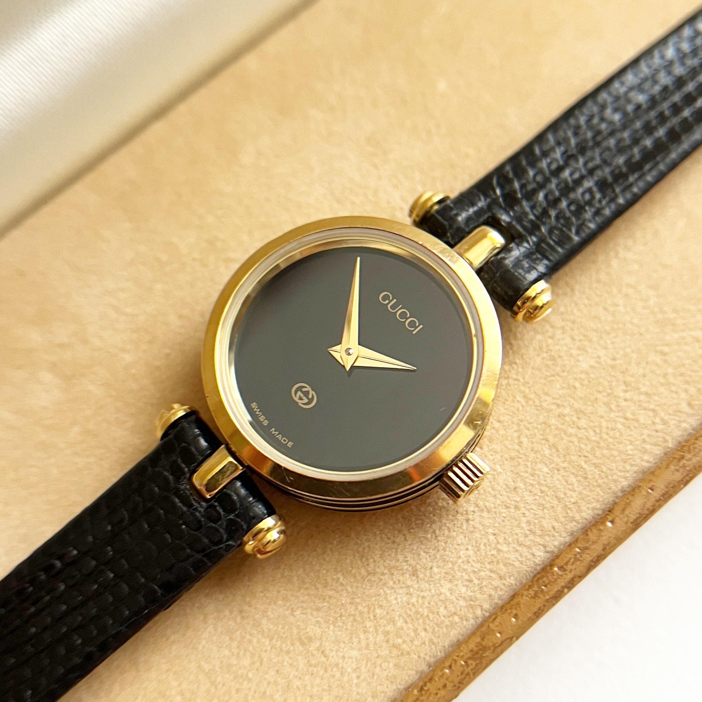 Gucci Vintage Women’s Gold Watch, Black Dial, Balck Band, Gift For Her, Boxed