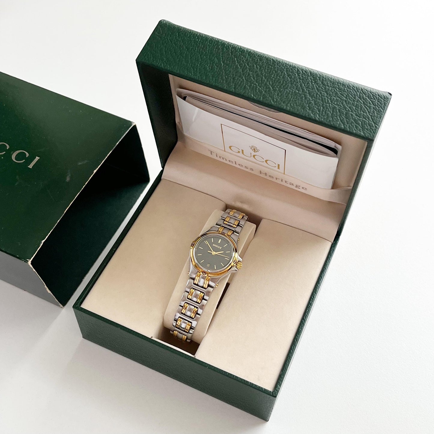 MINT - Gucci Vintage Womens Gold Date Watch, Balck Dial, Gift for Her, Boxed, Full Set - 17.5cm