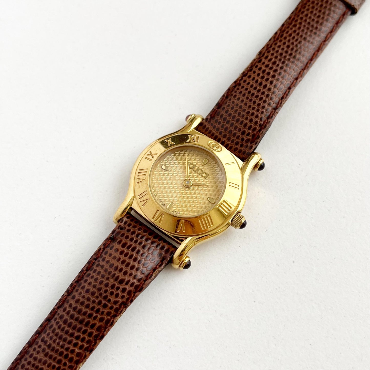 Vintage Gucci Gold Watch, Brown Band, Boxed, Gift for Her, Full Set