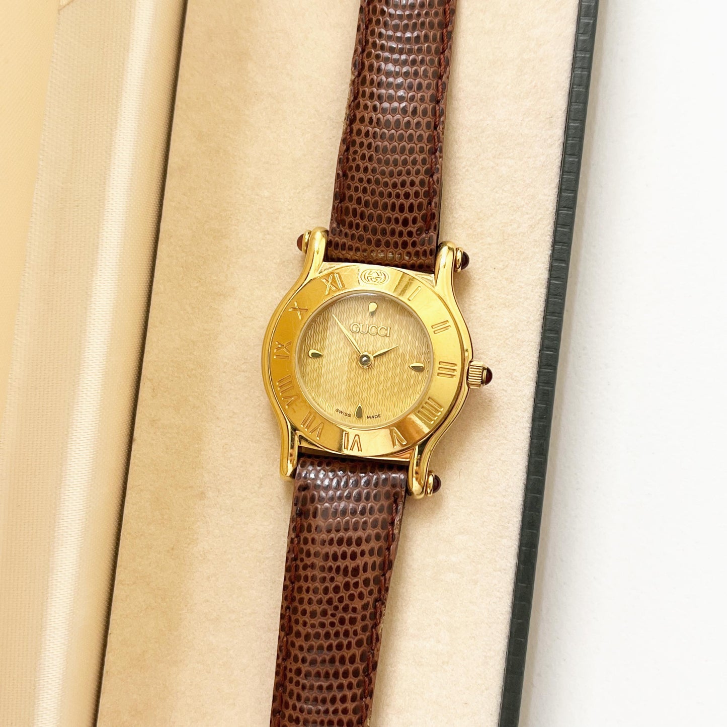 Vintage Gucci Gold Watch, Brown Band, Boxed, Gift for Her, Full Set