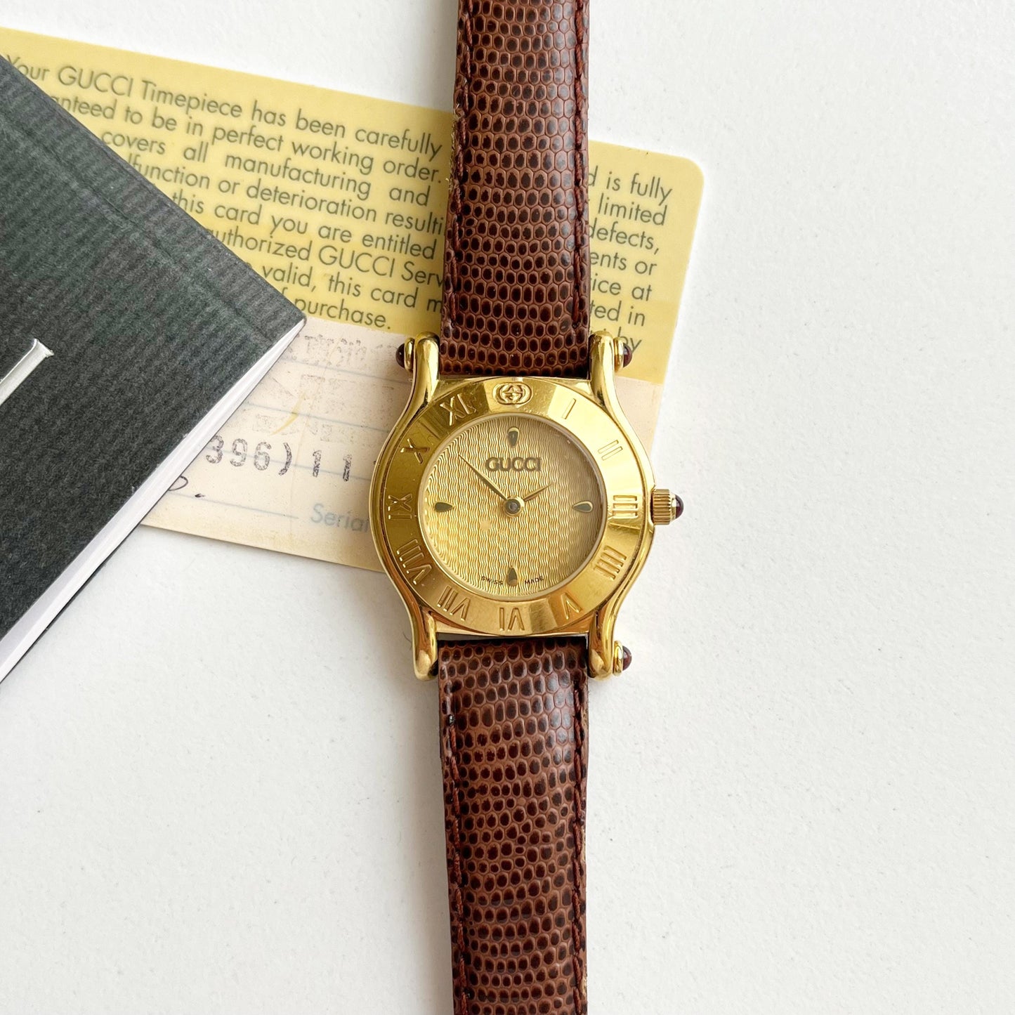 Vintage Gucci Gold Watch, Brown Band, Boxed, Gift for Her, Full Set