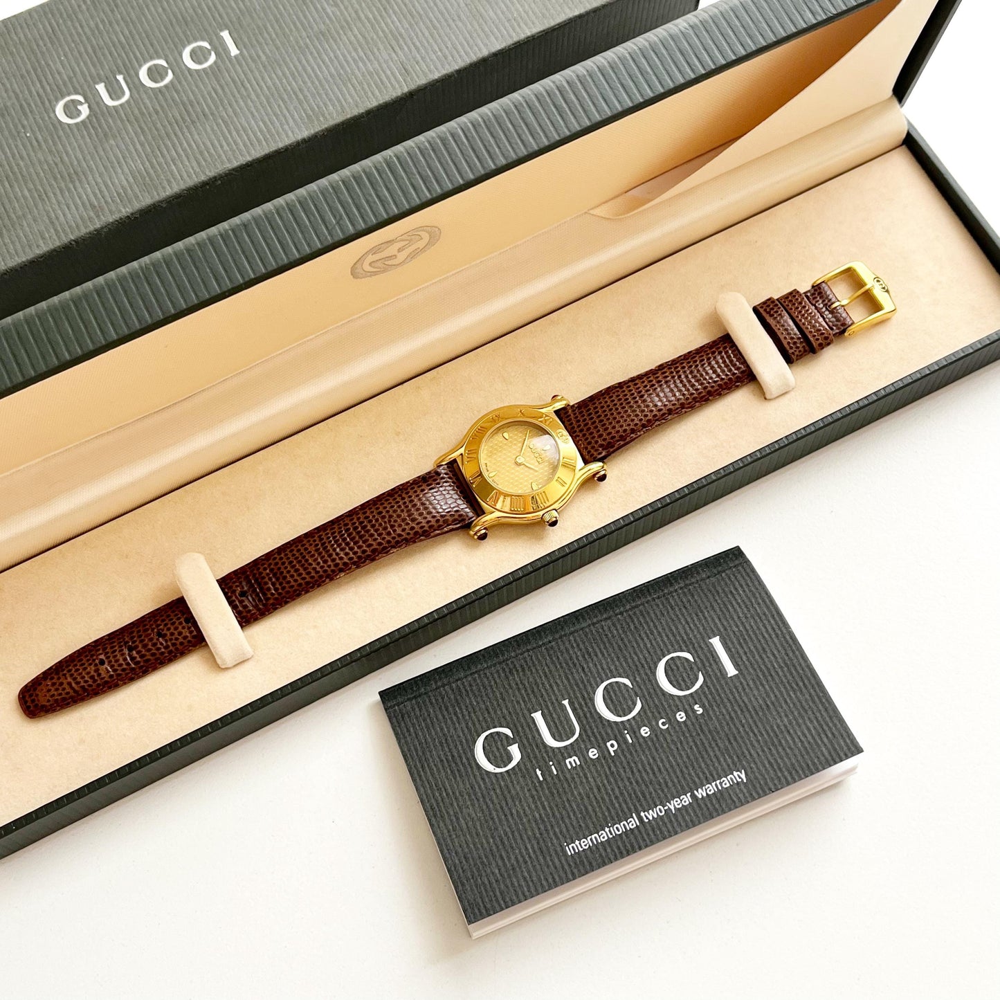 Vintage Gucci Gold Watch, Brown Band, Boxed, Gift for Her, Full Set